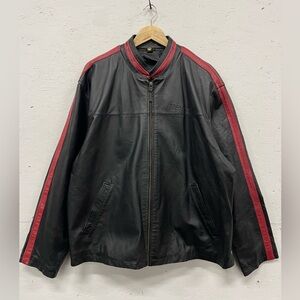 Vintage Saxon Black and Red Leather “Dodge” Yam Logo Moto Jacket, Size XL